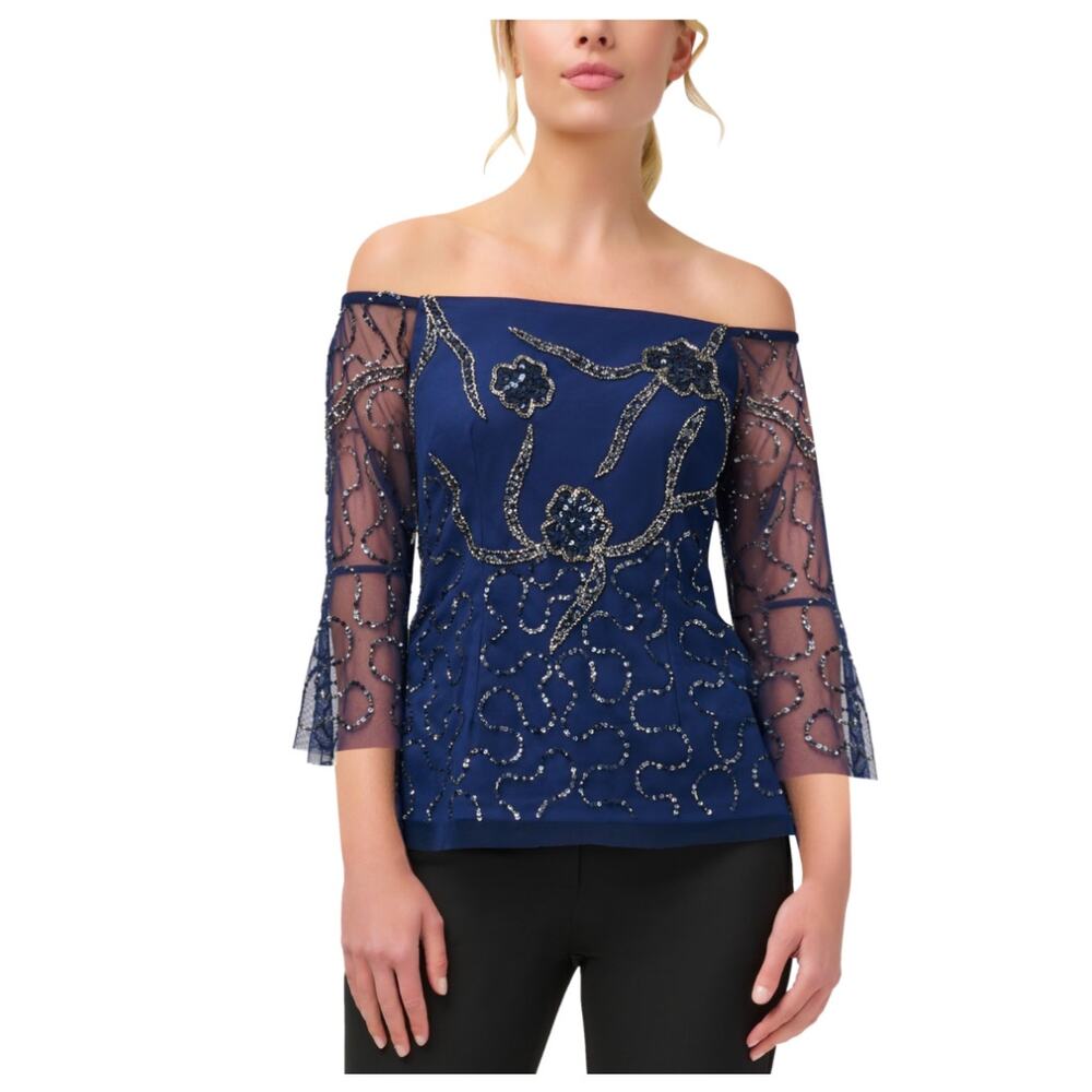 Adrianna Papell Off the Shoulder Beaded Chiffon 3/4 Sleeve Blouse Blue Size 8